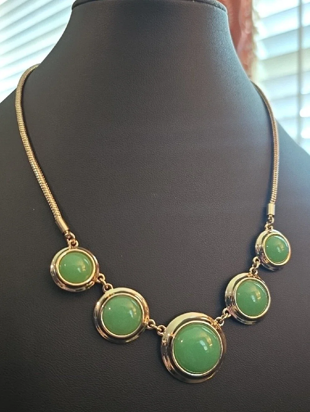 Vintage Signed Monet Gold-Tone Collar Statement Necklace - Mint Green Cabochons